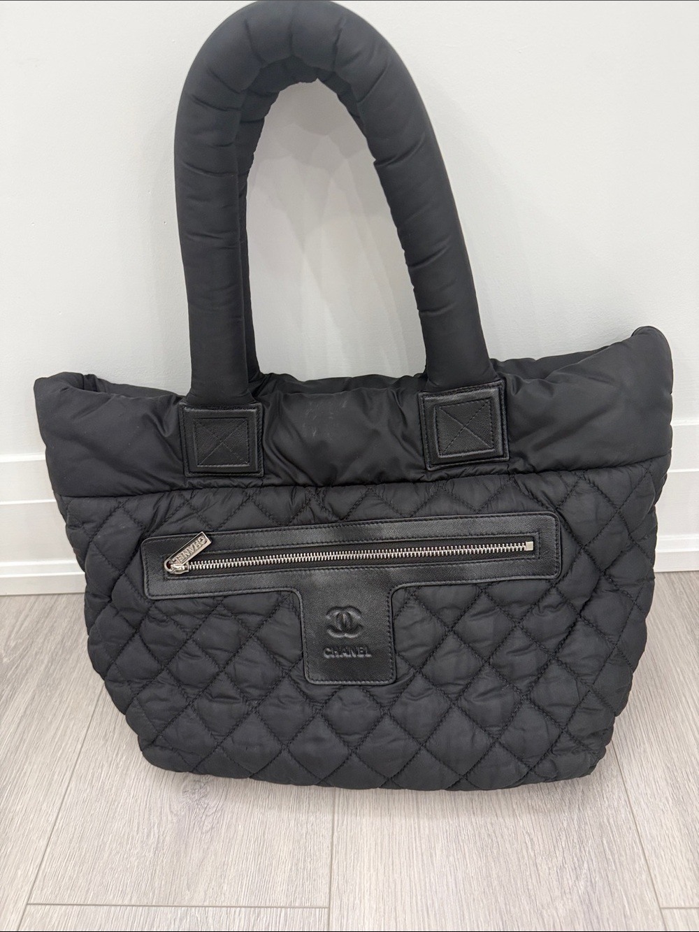 CHANEL Black Quilted Nylon Tote with Front Zip Pocket